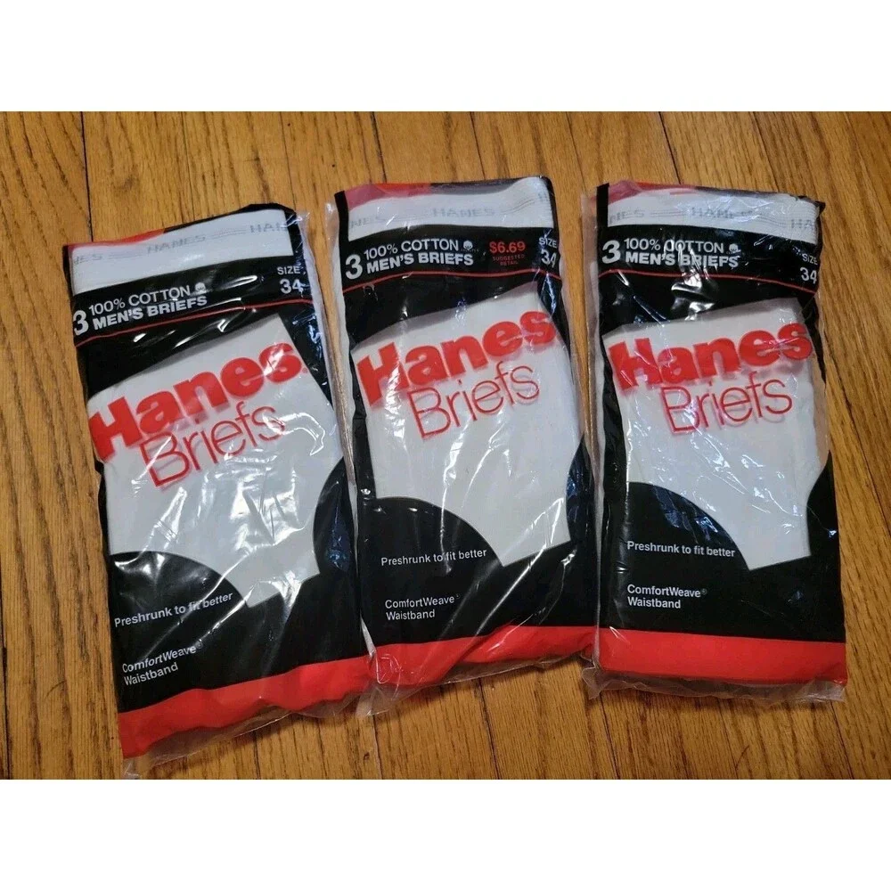 New Vintage 1987 Hanes Men's Size 34 White Briefs 3-Pack Made in USA  Cotton